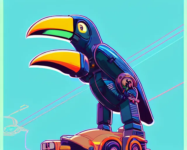 Image similar to a study of cell shaded cartoon of a toucan piloting a mech, illustration, wide shot, subtle colors, post grunge, concept art by josan gonzales and wlop, by james jean, Victo ngai, David Rubín, Mike Mignola, Laurie Greasley, highly detailed, sharp focus, alien, Trending on Artstation, HQ, deviantart, art by artgem