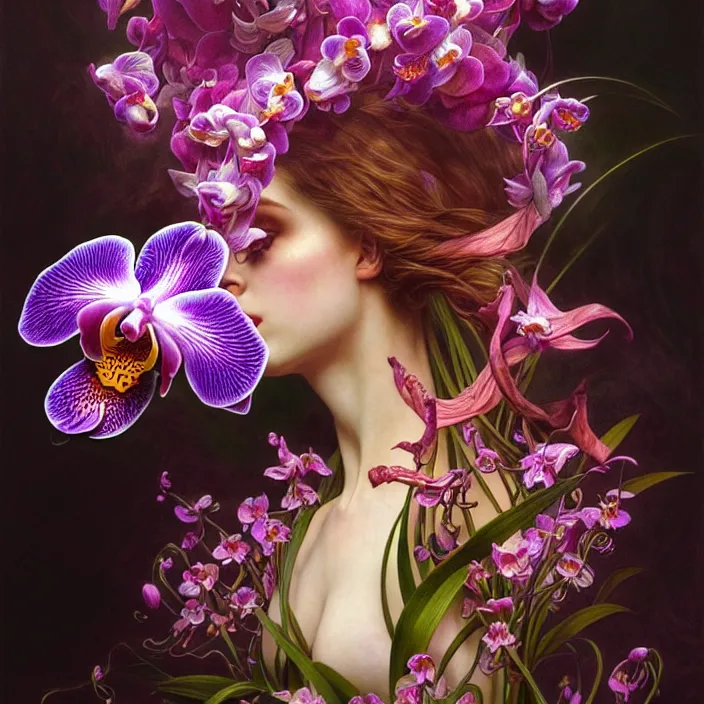 Image similar to psychedelic creature made of orchids, diffuse lighting, fantasy, intricate, elegant, highly detailed, lifelike, photorealistic, digital painting, artstation, illustration, concept art, smooth, sharp focus, art by John Collier and Albert Aublet and Krenz Cushart and Artem Demura and Alphonse Mucha