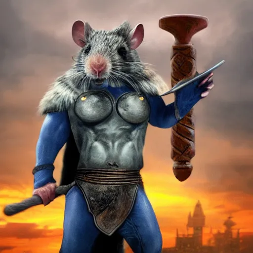 Image similar to the rat thor ~ holding his hammer ~ dramatic thunder background ~ fighting scene ~