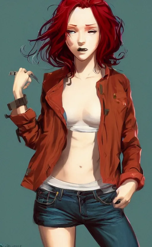 Prompt: full-body shot of an attractive tomboy girl with long, crimson red hair and red eyes, wearing a brown, open jacket and green jeans with a stern look, midriff, concept art, character design, by WLOP, by Tomine, by Satoshi Kon, by Rolf Armstrong