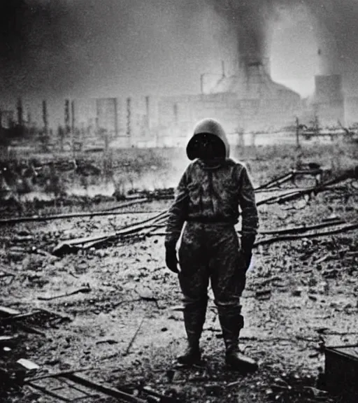 Image similar to man in chemical suit and gasmask at distance in chernobyl, ww1 film photo, grainy, high detail, high resolution