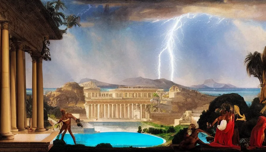 Image similar to From inside the balcony of the giant Palace, mediterranean balustrade and columns, refracted lines and sparkles, thunderstorm, greek pool, beach and Tropical vegetation on the background major arcana sky and occult symbols, by paul delaroche, hyperrealistic 4k uhd, award-winning, very detailed paradise