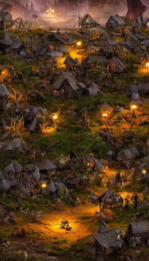 Prompt: a ground photo of a goblin village near a river at night, photorealistic, 8k, high detail, high quality, dramatic lighting, HDR