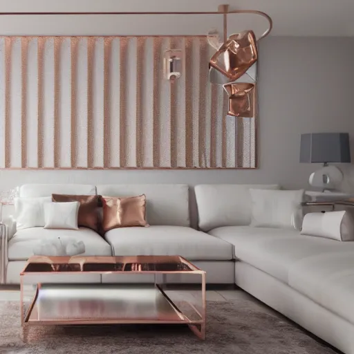 Image similar to 3 d render of white living room with rose gold metallic accents