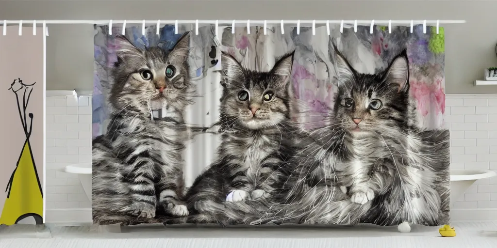 Prompt: shower curtain product catalog. on the curtain is a watercolor with ink under drawing of a cat toy being chased by a maine coon kitten. wide - angle product photography, product lighting. 4 k, highly detailed. saturated.