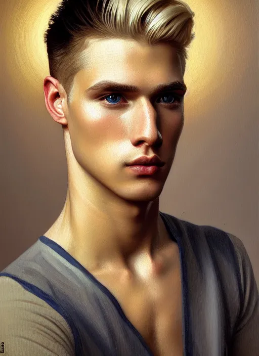 Prompt: young man with ash blond hair, oil painting, intricate, elegant, highly detailed, lighting, painting, artstation, smooth, illustration, art by greg rutowski and alphonse mucha