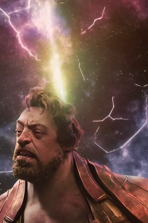 Image similar to a still of sam hyde as thanos in avengers endgame emerging a galactic portal, octane render, rule of thirds, sigma look, beautiful