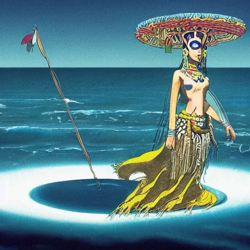 Image similar to mayan priestess floating over an ocean, sharp focus, moebius, print, cinematic, surreal