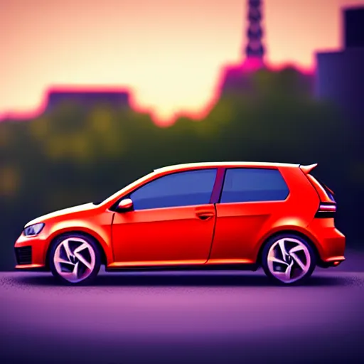 Prompt: a car parked VW Golf GTI at side of road, Berlin City, city sunset, cinematic color, photorealistic, highly detailed, bokeh