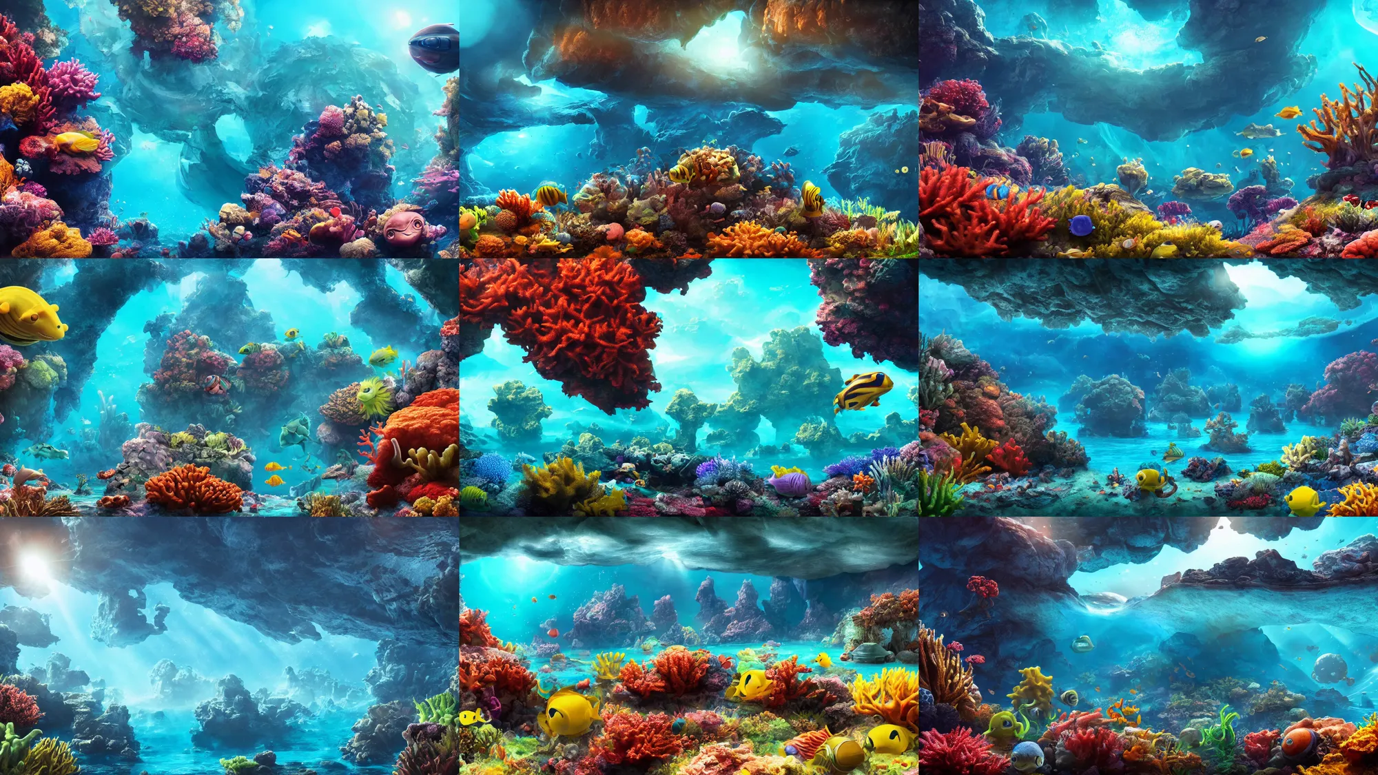 Prompt: underwater landscape of an alien planet, sunny day, environment, cinematic composition, cinematic lighting, photo realistic, ultra detailed, magnificent, 4 k, 8 k, avatar, coral reef, ocean