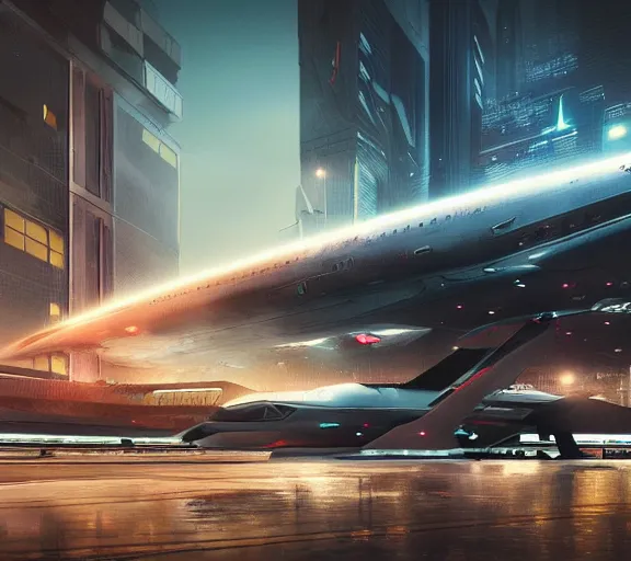 Prompt: immense futuristic sci fi jet lands at runway of cyberpunk city, night photo ,dark cinematic lighting , digital concept art
