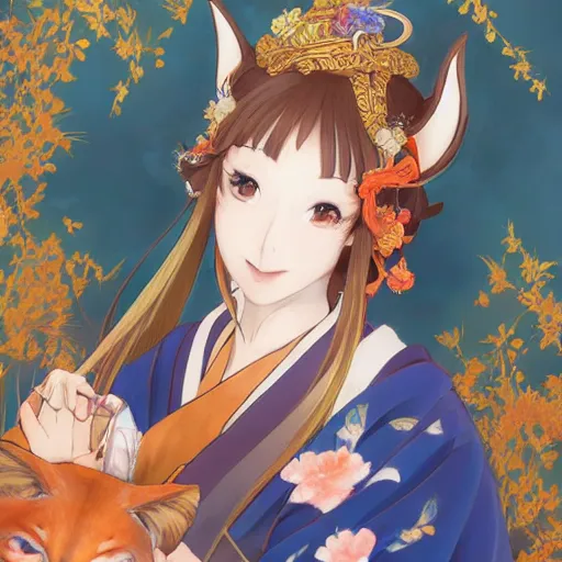 Prompt: An anime portrait of Ssunbiki as a beautiful Japanese noblewoman with fox ears wearing a silk kimono, by a professional manga illustrator, Stanley Artgerm Lau, WLOP, Rossdraws, James Jean, Andrei Riabovitchev, Marc Simonetti, and Sakimichan, tranding on artstation