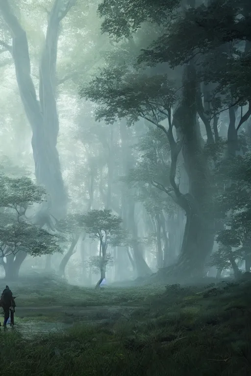 Prompt: A beautiful forest with a giant walking in the far distance by Greg Rutkowski, Sung Choi, Mitchell Mohrhauser, Maciej Kuciara, Johnson Ting, Maxim Verehin, Peter Konig, final fantasy , 8k photorealistic, cinematic lighting, HD, high details, atmospheric,