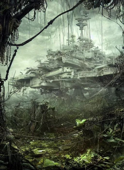 Prompt: decayed aircraft carrier USS Nimitz laying on the ground overgrown with vegetation and hanging vines, post apocalyptic, tropical forest, by Luis Royo, by Greg Rutkowski, extreme low angle shot, dark, gritty, intricate, cover illustration, concept art, volumetric lighting, volumetric atmosphere, sharp focus, octane render, trending on artstation, 8k