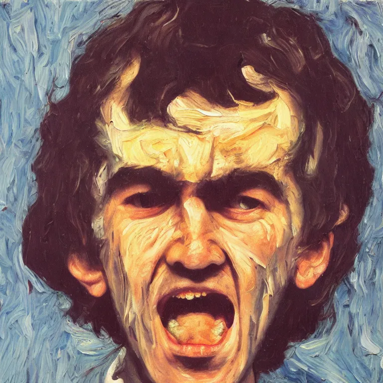 Image similar to warmly lit close up studio portrait of young angry! screaming George Harrison in 1965 furious!, impasto oil painting thick brushstrokes by Lucian Freud and Cy Twombly and Tim Hawkinson , trending on artstation dramatic lighting Expressionism