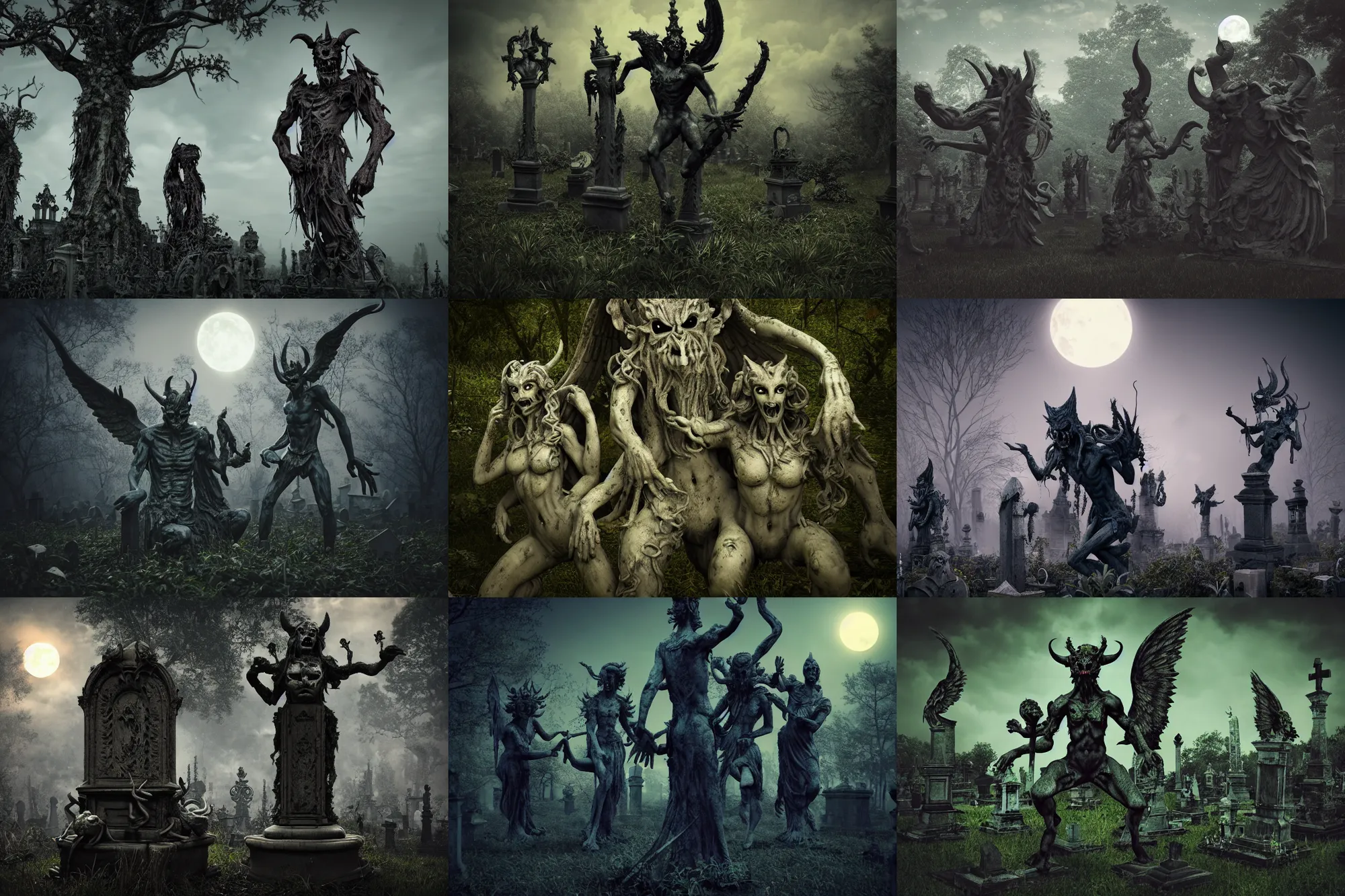 Prompt: a photograph of demon statues demon statues in an overgrown graveyard, scary creatures, cosmic horror, morbid art, sharp focus, cinematic, high angel distant shot, moonlight, hyper detailed, 4 k, octane render, deviantart,