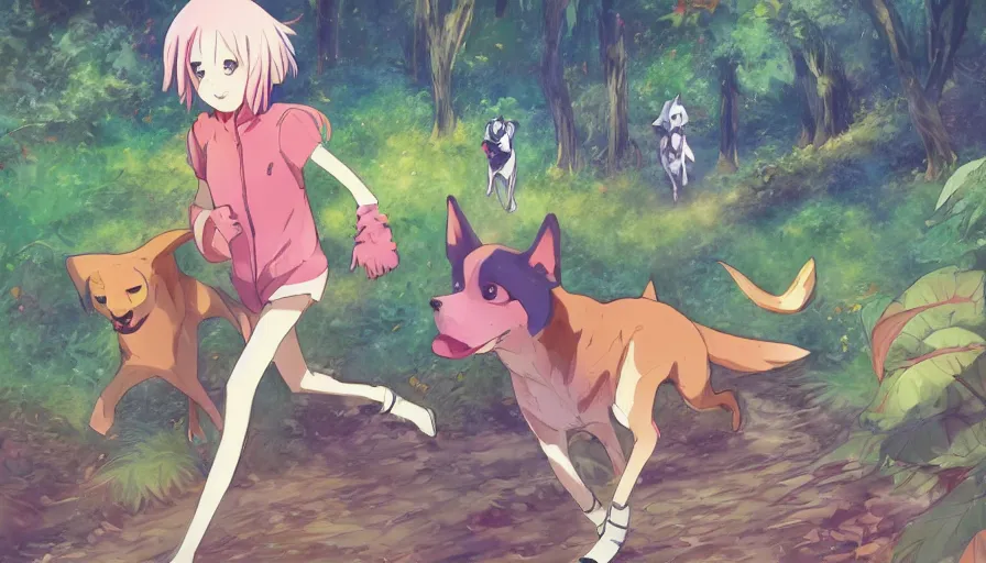Image similar to Rem from Zero Two running with a dog in the forest. Beautiful anime lush forest background. Golden hour. Trending on art station
