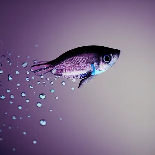 Prompt: “photograph of a beta fish swimming inside a raindrop, sharp focus, highly detailed, hd, 8k”