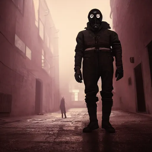 Image similar to hooden villain wearing a gas mask with red goggles, smoke coming out of his body and coat, dark background, in a dark alley, unreal engine 5, ultra realistic, detailed, fog, volumetric lighting, by greg rutkowski,