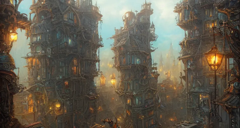 Prompt: landscape painting of fantasy metal steampunk city that has a light blue glow with walkways and lit windows and you can very clearly see a fine detailed very visible and clearly defined hooded thieves in browns leathers climbing one of the tall buildings using a rope, fine details, magali villeneuve, artgerm, rutkowski