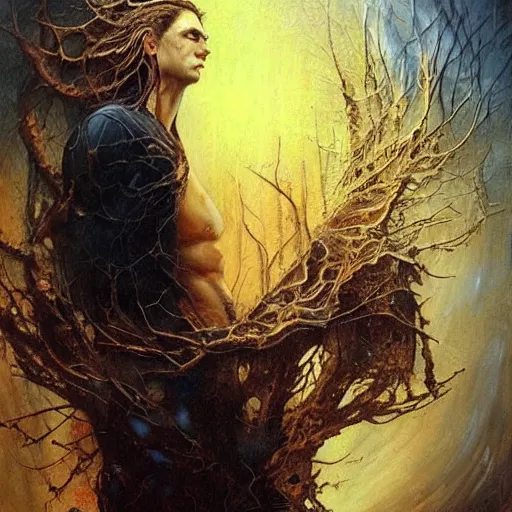 Image similar to a rugged man standing, ethereal, painting by karol bak