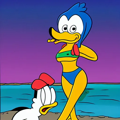 Prompt: leela from futurama making a bikini selfie with a shy donald duck at the beach, painting matt groening, don rosa, trending on artstation