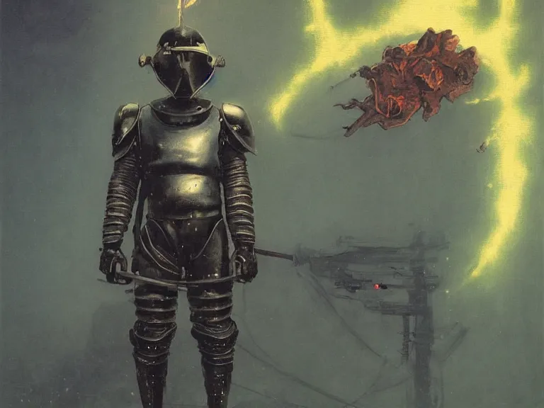 Image similar to a detailed profile painting of a bounty hunter in polished armour and visor. Fencing mask and cape. cinematic sci-fi poster. Cloth and metal. Welding, fire, flames, samurai Flight suit, accurate anatomy portrait symmetrical and science fiction theme with lightning, aurora lighting clouds and stars. Clean and minimal design by beksinski carl spitzweg giger and tuomas korpi. baroque elements. baroque element. intricate artwork by caravaggio. Oil painting. Trending on artstation. 8k