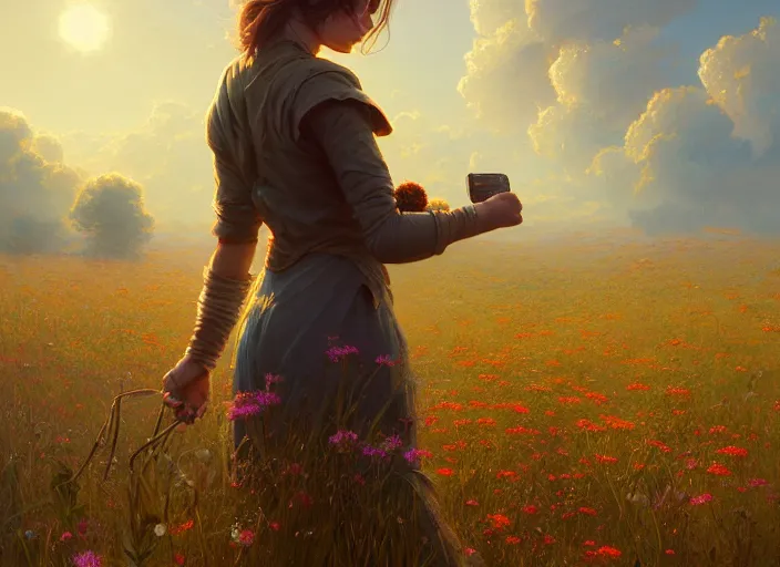 Image similar to detailed intricate digital illustration by greg rutkowski and artgerm and wlop and sanford robinson gifford ; beautiful meadow with colorful flowers and puffy clouds in background ; 1 3 mm film, arri alfa anamorphic lens ; sharp focus, golden hour lighting, trending on artstation 4 k ; close view