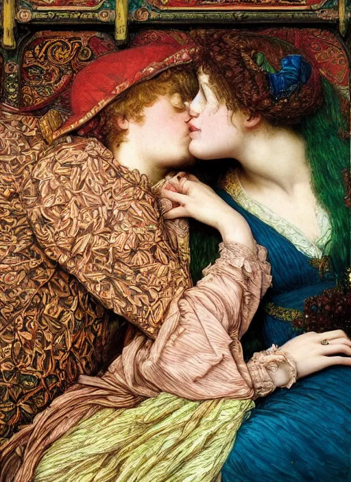 Image similar to detailed colourful masterpiece of intricate preraphaelite art novueau photography couple portrait sat down extreme closeup, love, inside an underwater train, detailed realistic expressions, wearing unusual clothes, by ford madox brown and frederic leighton, ultra wide angle