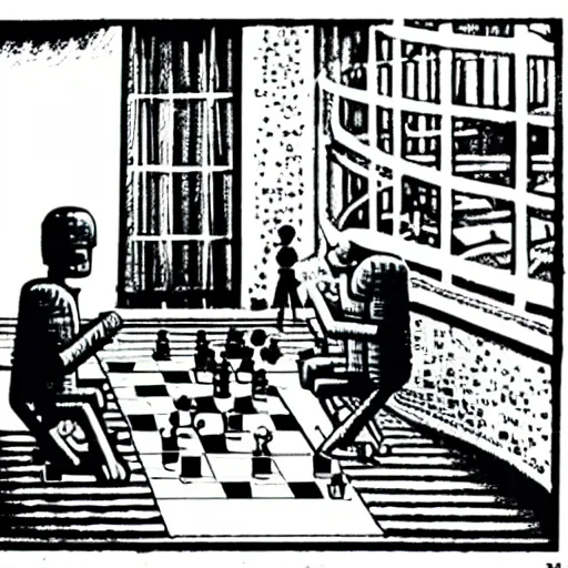 Image similar to ludwig wittgenstein and a humanoid robot playing chess, comic panel