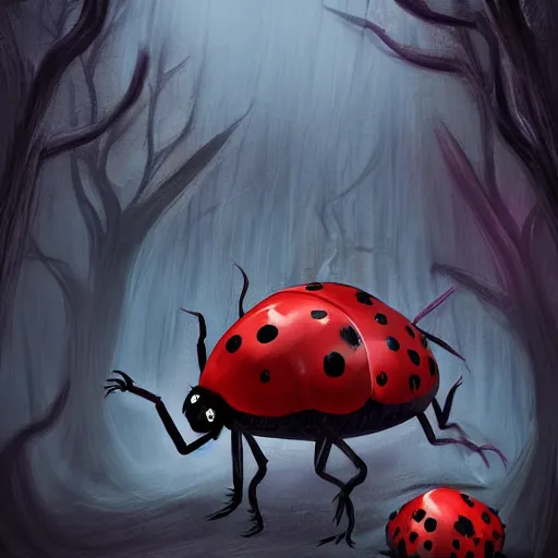 Image similar to ladybug as a monster, fantasy art style, scary atmosphere, nightmare - like dream, cinematic lighting