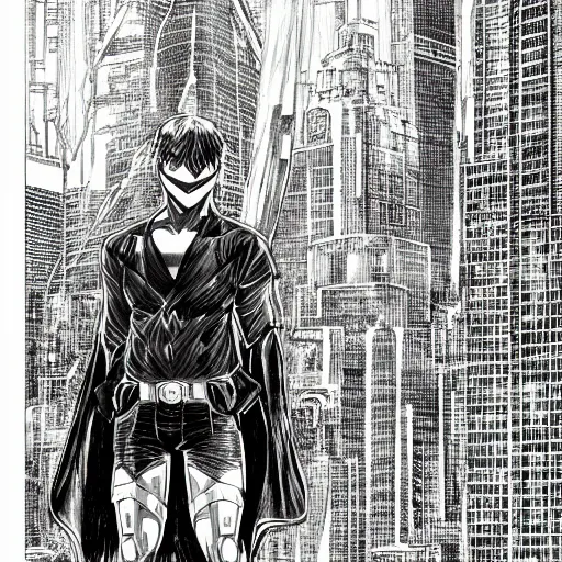 Image similar to Manga illustration of masked super hero, full body and head portrait by Tetsuo Hara. Depth of field, zoom out 35mm camera, awesome cityscape in the background, highly detailed concept art, detailed pencil art by Kengo Hanazawa