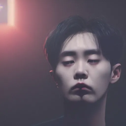 Image similar to a cosmic horror visual exploration of kim doyoung of nct spying on his estranged wife, vignette, dramatic lighting, highly detailed