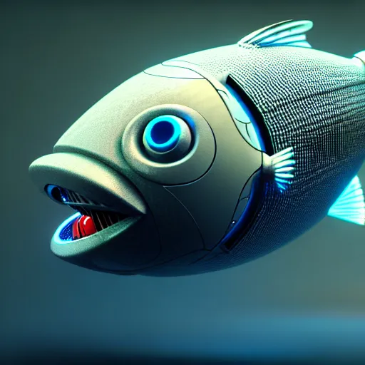 Image similar to a robot with a fish inside of it, photorealistic 3 d octane render, unreal engine