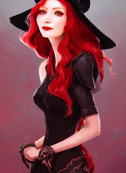 Image similar to a highly detailed illustration of tall beautiful red haired lady wearing black noir dress and black sun hat, dramatic smile pose, perfect face, perfect body, perfect eyes, intricate, elegant, highly detailed, centered, digital painting, artstation, concept art, smooth, sharp focus, league of legends concept art, wlop.