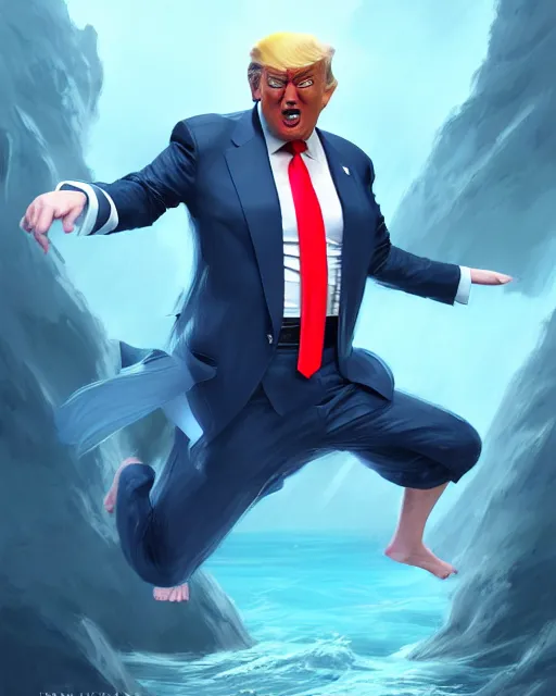 Image similar to character concept art of donald trump as poseidon in a dynamic pose | cute - fine face, pretty face, realistic shaded perfect face, fine details by stanley artgerm lau, wlop, rossdraws, james jean, andrei riabovitchev, marc simonetti, and sakimichan, tranding on artstation