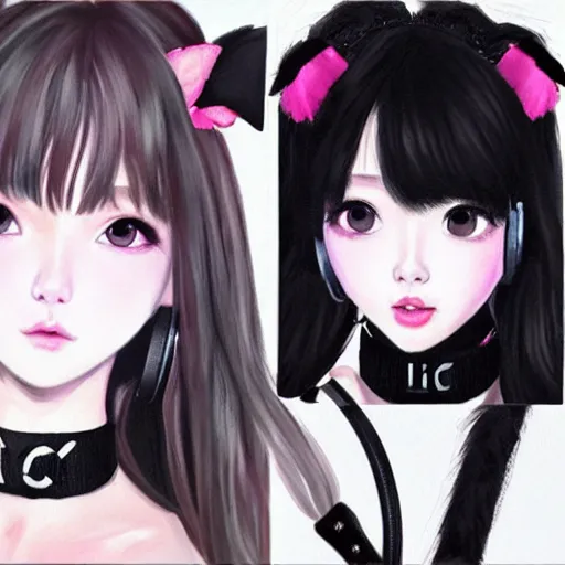 Image similar to realistic beautiful gorgeous natural cute Blackpink Lalisa Manoban black hair cute fur black cat ears, wearing white camisole, headphones, black leather choker artwork drawn full HD 4K highest quality in artstyle by professional artists WLOP, Taejune Kim, Guweiz on Pixiv Artstation