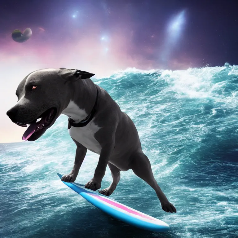 Image similar to photo of a gray coat pit bull with white paws, surfing on a surfboard in a crashing wave of alien ocean in space, background is an alien galaxy, aliens in the background, alien colors, octane render, unreal engine, wide view, 8 k, high detaild