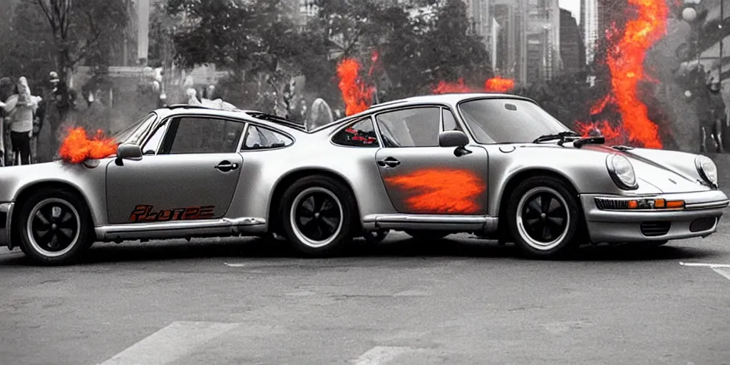 Image similar to porsche 911 time traveling in back 2 the future. flaming tire marks on the street behind. 88miles per hour