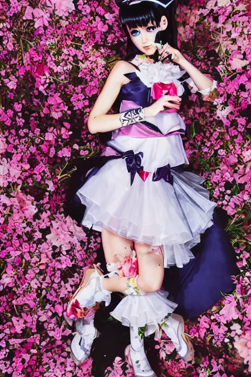 Image similar to sailor moon wearing floral valentino ss 2 0 1 5 cosplay, fashion photography