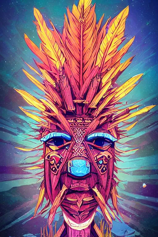 Image similar to totem animal tribal chaman vodoo mask feather gemstone plant wood rock video game illustration vivid color borderlands by josan gonzales and dan mumford radiating a glowing aura