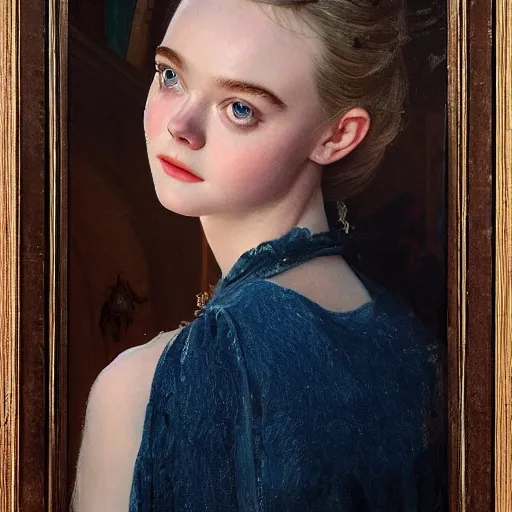 Image similar to Elle Fanning in Santorini at night, head and shoulders portrait, stormy weather, extremely detailed masterpiece, Roger Deakin’s cinematography, oil on canvas, Norman Rockwell,