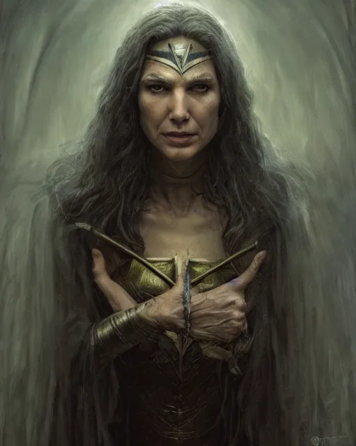 Prompt: Portrait of gal gadot as a wicked 100 year old witch, old wrinkled gal gadot by Tomasz Alen Kopera and greg rutkowski and enki bilal, glowing eyes, sad, masterpiece