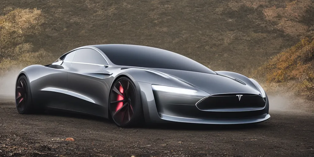 Image similar to a v 8 sport car designed by tesla, outdoor magazine, ambient light, fog