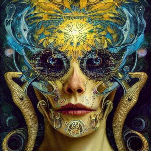 Image similar to Memento Mori by Karol Bak, Jean Deville, Gustav Klimt, and Vincent Van Gogh, beautiful visionary mystical portrait, otherworldly, fractal structures, ornate gilded medieval icon, third eye, spirals, sugar skull