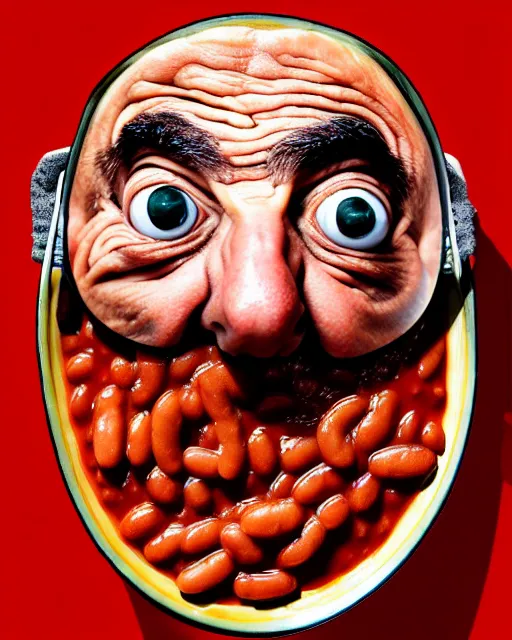 Image similar to portrait of mr bean's face in a bowl full of baked beans, head fully covered in beans and tomato sauce, beans in his eyes sockets, tomato sauce coming from his eyes, open mouth overflowing with baked beans, rowan atkinson, muted colors, surrealist oil painting, highly detailed