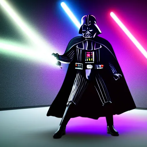 Prompt: Darth vader dancing at a rave party, neon lights everywhere, ultra realistic, dark reflective colors, raytracing, ultra hd