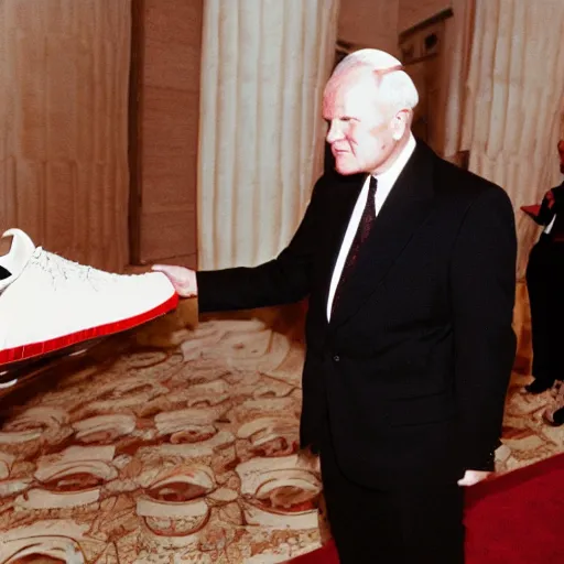 Image similar to john paul ii admiring a yeezy shoe sneaker which he holds in his hands