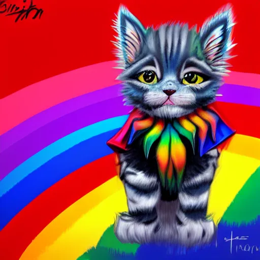 Image similar to wide angle full body, of a fluffy cute rainbow kitten wearing a black leather motorcycle jacket, concept art