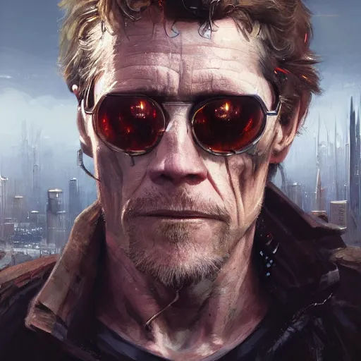 Image similar to closeup portrait of william dafoe, cyberpunk, shaggy ex military guy, city background, dramatic light, gorgeous view, depth, high detail, digital art, painted by greg rutkowski and seb mckinnon, neuromancer, trending on artstation